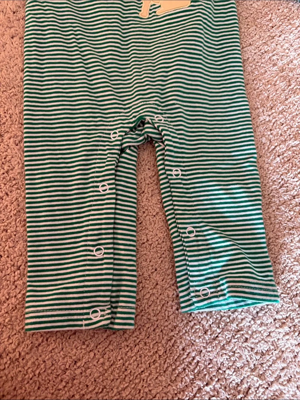 Striped Green & White Baby Onesie with Yellow Dog Applique